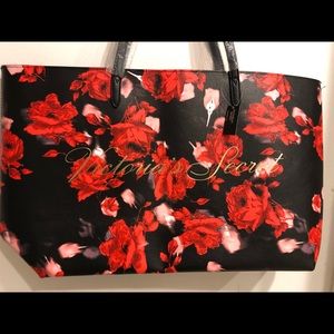 Large Victoria Secret Red Floral Tote Bag